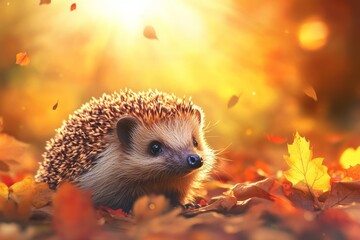 Fototapeta premium Cute Hedgehog in Autumn Forest with Colorful Leaves, Wildlife Photography for Nature and Animal Lovers Generative AI