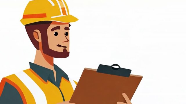 Cartoon or animation of male engineer wearing yellow hat, safety suit, holding clipboard talking. Copy Space for font insert.