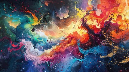 Fantasy concept abstract painting, bursting with bright, vibrant colors and dynamic, surreal elements Imaginative and bold illustration