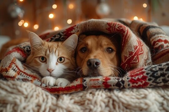A heartwarming scene of an adorable dog and cat cuddled together under a cozy blanket in a festive room decorated for Christmas. The twinkling lights and holiday decorations create a warm, cheerful at