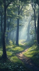 Naklejka premium A tranquil forest scene with tall trees and sunlight filtering through the leaves, creating dappled light on lush green grass. The atmosphere is serene as mist rises from dew-covered foliage