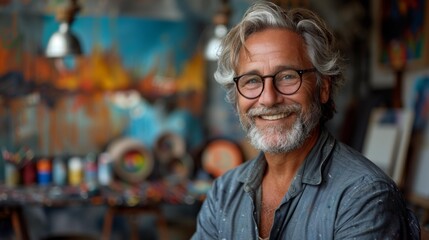 Obraz premium Smiling artist in his colorful studio - generative ai