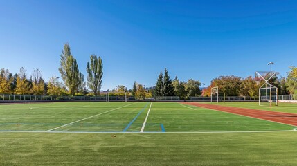 A sports field with a soccer goal and basketball court under a clear blue sky.