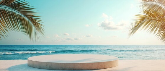 Fototapeta premium photo of round podium on the beach with sea and palm tree background, summer vibes, bright sunny light, close up shot, minimalistic, mockup 