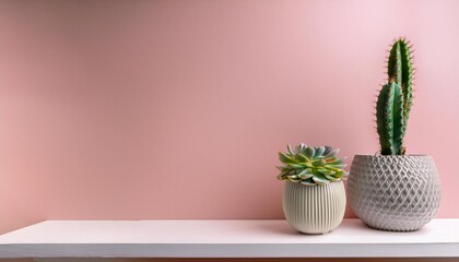 屋内の棚の上の多肉植物とサボテンとコピースペース（Succulents and cacti on shelves indoors with copy space）
