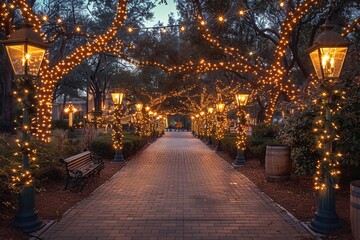 Festive Christmas holiday events unfolding in the park, filled with twinkling lights, joyful gatherings, and seasonal cheer, creating a magical winter wonderland.