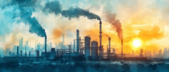 Industrial area with air pollution monitoring systems, regulatory compliance, eco-friendly practices, watercolor style