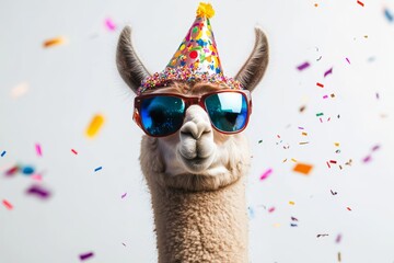 Funny Llama and Alpaca Wearing Birthday Hat and Sunglasses with Confetti Against White Background - Party Celebration Concept Generative AI
