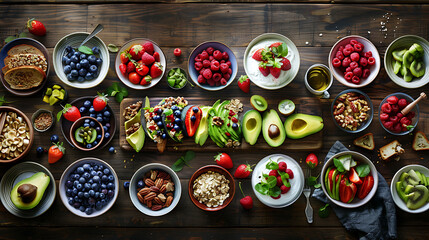 Fototapeta premium healthy food table top view featuring avocado toast, fresh fruits like strawberries and blueberries, bowls of yogurt with granola and nuts, directly above view, all arranged on a rustic wooden table.