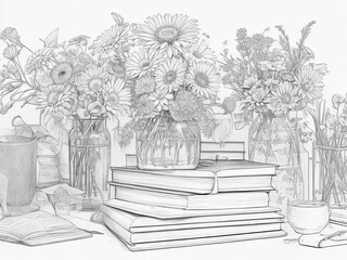 Books and coloring pages with flowers.