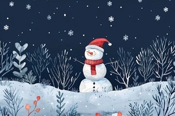 Fototapeta premium A snowy landscape featuring a cheerful snowman with a red Christmas hat and a carrot nose, joyfully waving its hand towards the starry sky 