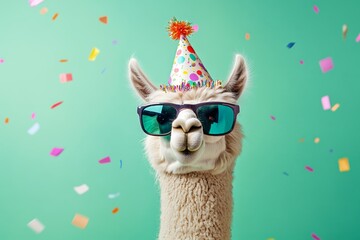 Fototapeta premium Funny Llama and Alpaca Wearing Birthday Hat and Sunglasses with Confetti Against Green Background, Perfect for Birthday Party Invitations and Celebrations Generative AI
