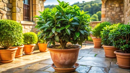 Fototapeta premium A lush, green laurel plant with shiny leaves and a braided stem sits in a rustic terra cotta pot on a sunny stone courtyard patio.