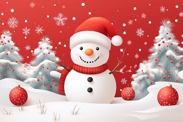 Fototapeta premium A snowy landscape featuring a cheerful snowman with a red Christmas hat and a carrot nose, joyfully waving its hand towards the starry sky