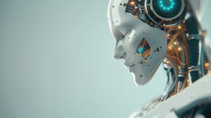 Fototapeta premium Futuristic robot with a detailed mechanical face and glowing components, symbolizing advanced artificial intelligence and modern technology.