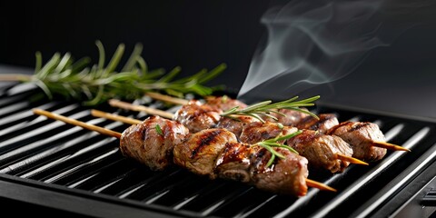 Meat Kebab on Grill with Rosemary and Smoke – Photorealistic Style by Jean Lloois, Black Background