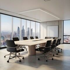 A modern conference room with a large glass table and chairs. The room has floor-to-ceiling windows,view of a city skyline