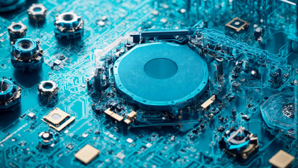 Fototapeta premium Circuitry Close-Up: A striking macro photograph of a blue circuit board, highlighting the intricate details of modern technology.
