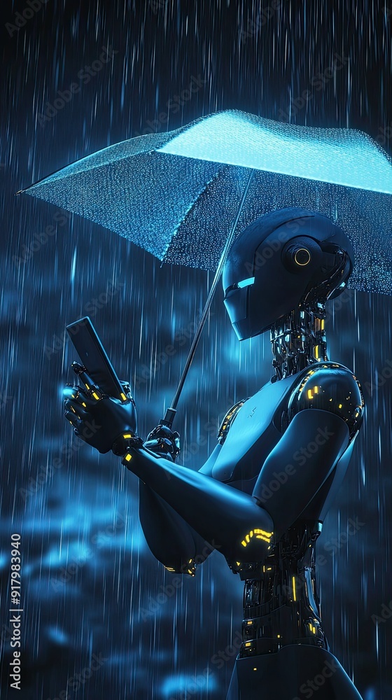 Poster advanced android uses a digital umbrella in a virtual rain environment at night