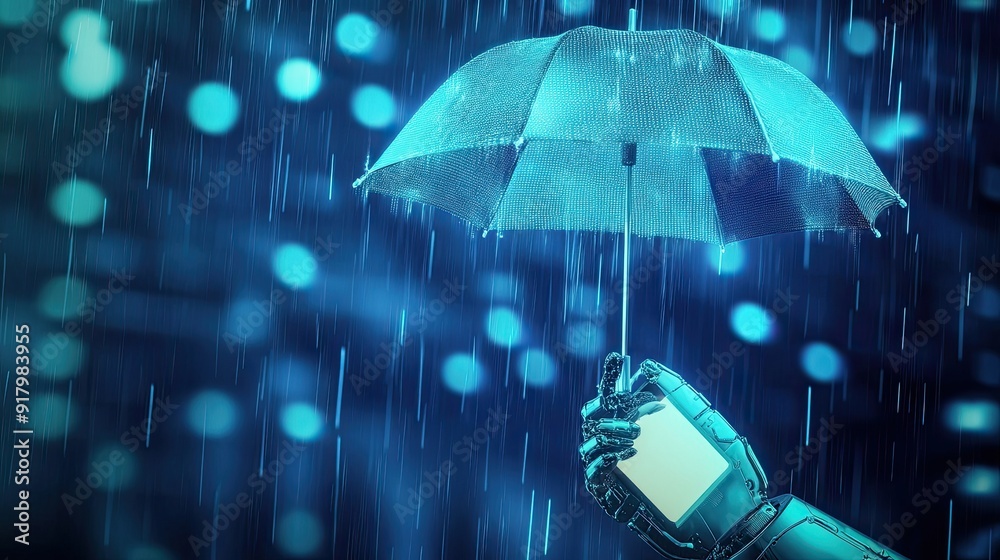 Poster advanced android holding a digital umbrella in a virtual rain environment