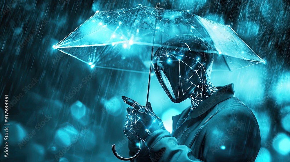 Poster advanced android holds a digital umbrella amidst virtual rain in a futuristic cityscape