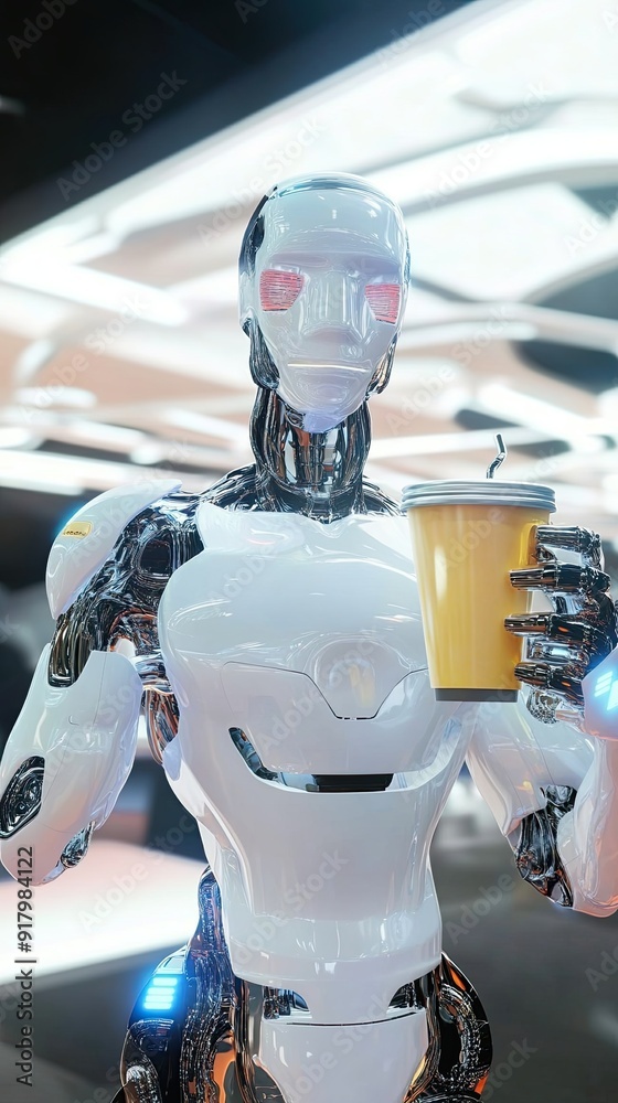 Poster Advanced Android Enjoying Virtual Coffee in a Futuristic Setting With Innovative Technology and Productivity