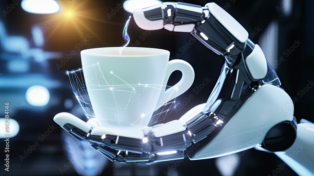 Poster advanced android holding a digital coffee cup in a futuristic workspace setting