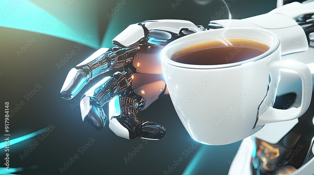 Aufkleber advanced android holds a virtual cup of coffee in a futuristic environment