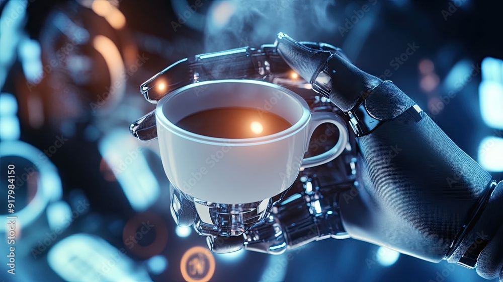 Poster futuristic android with digital coffee cup in a high-tech environment