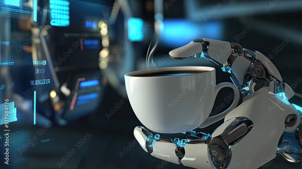 Aufkleber advanced android enjoying a virtual cup of digital coffee in a futuristic workspace