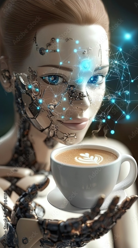 Poster Advanced Android Enjoying a Virtual Cup of Digital Coffee in a Futuristic Workspace Setting