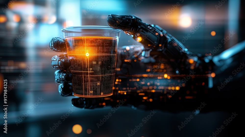 Poster Advanced Android Holding a Virtual Cup of Digital Coffee in a Futuristic Setting