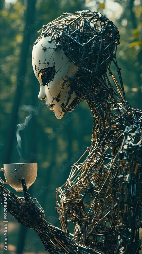 Poster Advanced Android Enjoying a Virtual Cup of Coffee in a Futuristic Forest Setting