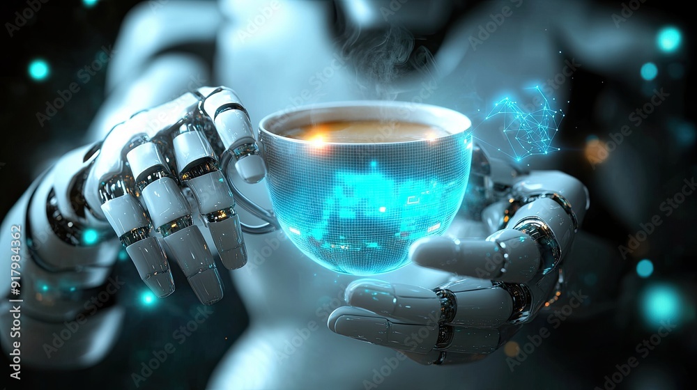 Leinwandbilder android enjoying a virtual cup of coffee in a futuristic setting with advanced technology