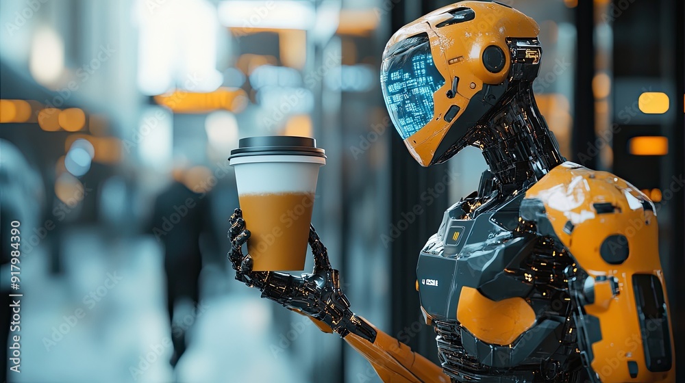 Poster advanced android enjoys a virtual coffee in a futuristic, bustling environment during the morning ho