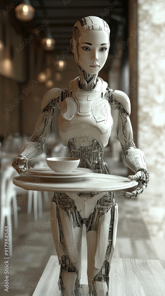 Poster advanced android waiter serving customers in a futuristic restaurant during the evening hours