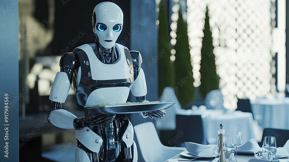 Poster advanced android waiter serving a meal in a modern restaurant during evening hours