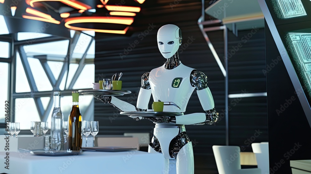 Poster Advanced Android Waiter Serving Drinks in a Futuristic Restaurant Setting