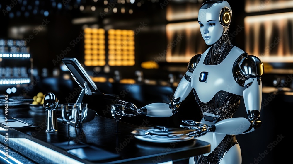 Poster advanced android waiter serving guests in a futuristic restaurant during a vibrant evening atmospher