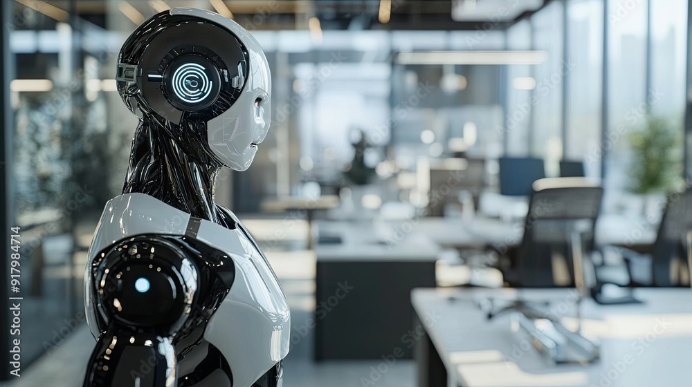 Poster Advanced Android in a Modern Office Showcasing Innovative Technology and Productivity
