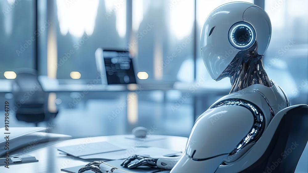 Aufkleber Advanced Android Working in a Futuristic Office Space With Cutting-Edge Technology