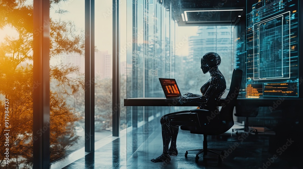 Poster Advanced Android Working in a Modern Office Space, Utilizing Innovative Technology in a Futuristic Setting