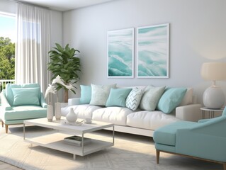 Obraz premium A modern living room with a white couch, turquoise armchairs, and a white coffee table.