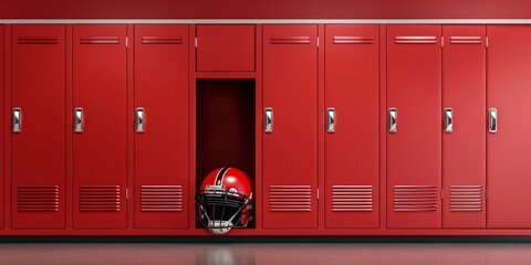 Red Football Locker Room with Helmet and Ball – High-Quality 3D Rendering, Copy Space Style