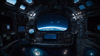 Earth from Above: A breathtaking view of Earth from the porthole of a spacecraft, showcasing the vibrant blue planet against the vast, starry expanse of space. The image evokes a sense of wonder, expl