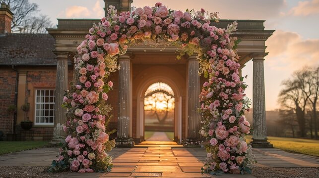 elegant arbour decorated with delicate flowers and greenery, creating a sophisticated wedding backdrop