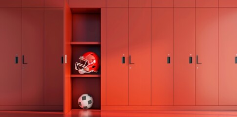 Red Football Locker Room with Helmet and Ball 