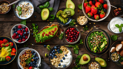 Fototapeta premium healthy food table top view featuring avocado toast, fresh fruits like strawberries and blueberries, bowls of yogurt with granola and nuts, directly above view, all arranged on a rustic wooden table.