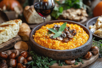 Delicious and comforting bowl of pumpkin risotto with mushrooms and sage, perfect for a cozy autumn meal
