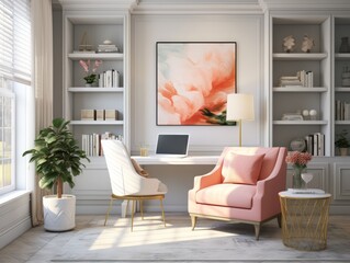 Fototapeta premium Elegant Home Office with a Pink Armchair, a White Desk, and a Gold End Table.